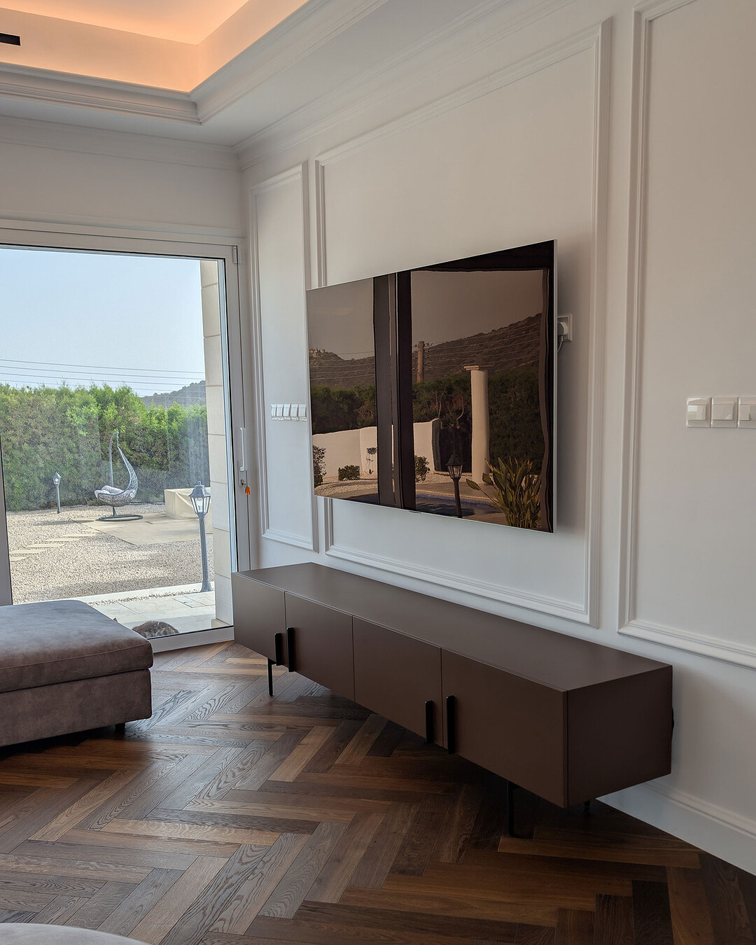 Living room wall panelling and floating media unit